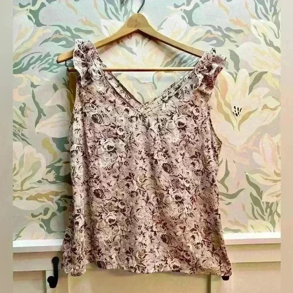 Floral Ruffle Sleeve Tank Top, Size L, Purple
